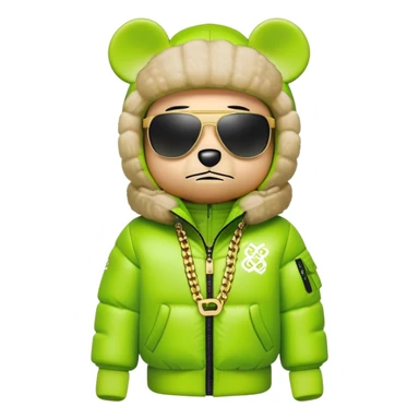 bearbrick toy with cubic head wearing a lime green balaclava with graffiti logos, oversized puffy jacket with fur hood trim, sleek single-piece visor sunglasses, gold chains around neck sticker