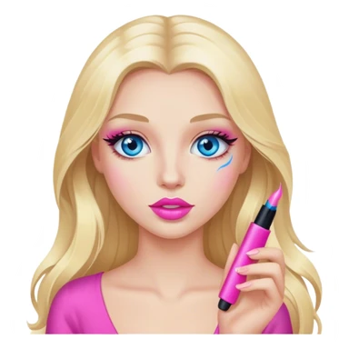 Cinematic realistic blonde with long hair, blue eyes and pink lips with mascara in her hands sticker