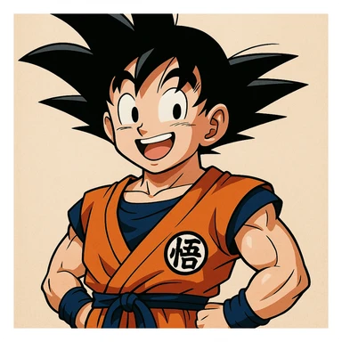 Son Goku, spiky black hair, orange martial arts gi, cheerful expression, iconic anime style sticker