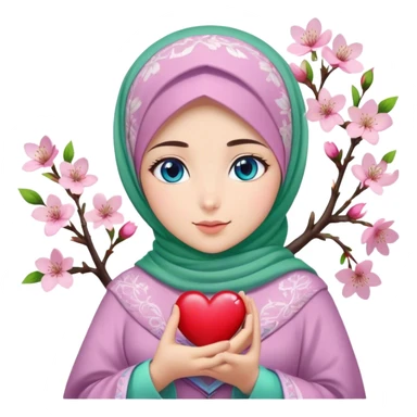 Turkish beautiful finish Konya girl blue eyes with cherry blossom flower lila green design hijab and hold heart in her hand  sticker