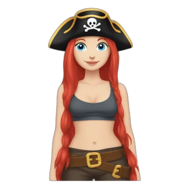 Woman long red platted hair hair only on one side of head, pirate hat. One side of head has no hair. Blue eyes. skull and crossbones t shirt sticker