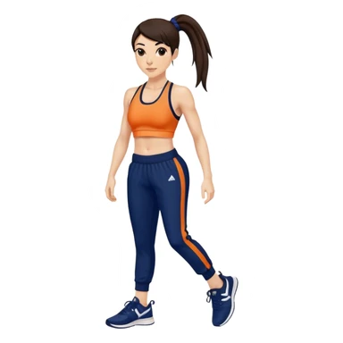 Melanie chisholm with a dark brown high ponytail, wearing an orange sports bra and navy blue track pants with sneakers sticker
