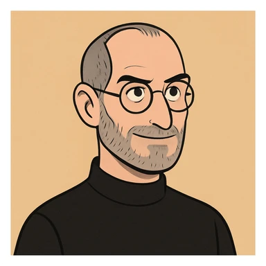 minimalist style portrait of Steve Jobs with iconic black turtleneck and round glasses sticker