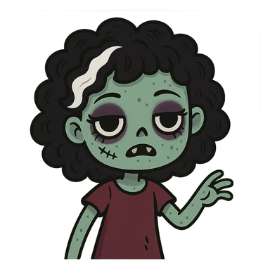 cute cartoon zombie girl, black curly hair with a white streak, creepy face, makeup details sticker