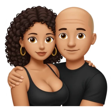 A picture of an embracing tanned couple. the man is a Mexican man with tanned skin, with a bald hair cut, and wearing a black shirt. the woman is mixed, with glasses,  with long curly dark brown hair and with big boobs. Remove the glasses from the guy sticker