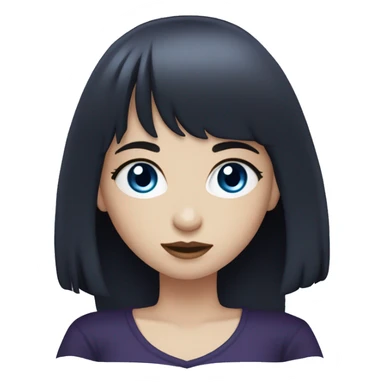 girl, pale skin, blue eyes, long hair, deep purple hair, bangs, black clothes, eyeliner, mole above left upper lip sticker