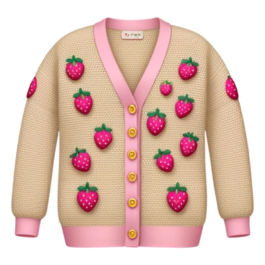 beige crocheted cardigan embroidered with small pink strawberries sticker