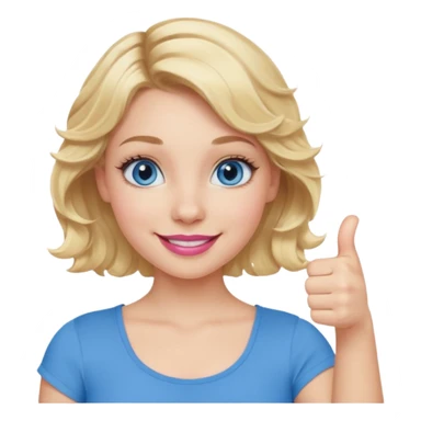 Girl Blonde short wavy hair,  blue eyes, cute blue top, long lashes, pink lips, smiling, thumbs up sticker