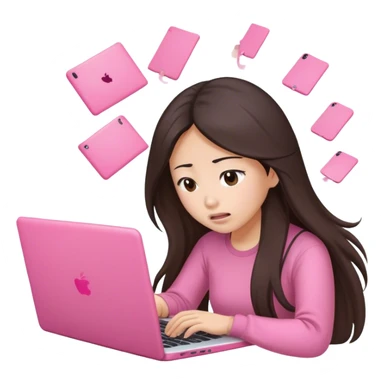 Stressed long hair brunette asian working on pink laptop  sticker