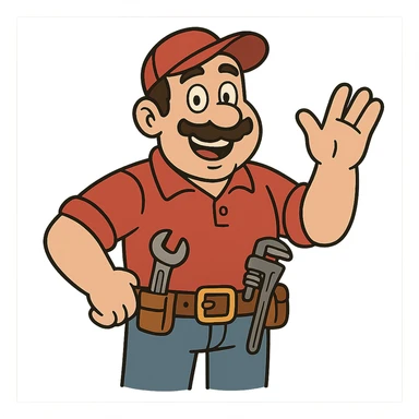 a plumber, red shirt, tool belt, smiling, cartoon style, white background sticker