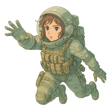 a tactical female space warrior floating in zero-g EVA operations, reaching in front of her sticker