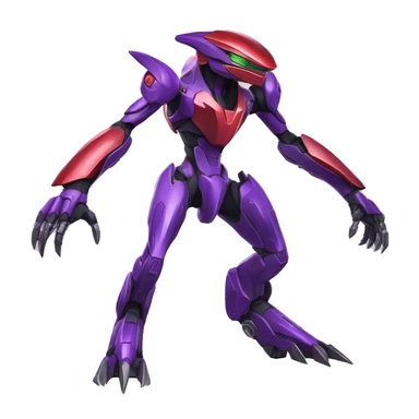 a shiny purple-green-red Genesect-Raptor-Fakémon—hybrid with a futuristic visor-helmet full body sticker