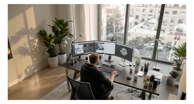 Cinematic shot of a creative director work on tripple display setup PC, top dutch angle, Warm bright vibe, modern clean expensive huge room minimalistic apartament, model is dress like designer, morning, big window, captured on arri alexa sticker