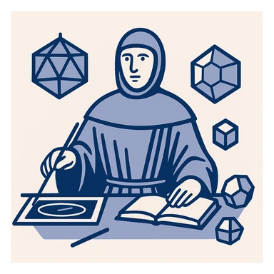 Create a flat startup logo inspired by Luca Pacioli's painting, focusing on geometric shapes and mathematical tools, omitting the tool to his right. Use a blue color palette, minimalist and modern style, experimenting with different geometric arrangements. sticker