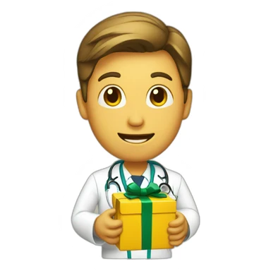 yellow doctor holding a Christmas present sticker