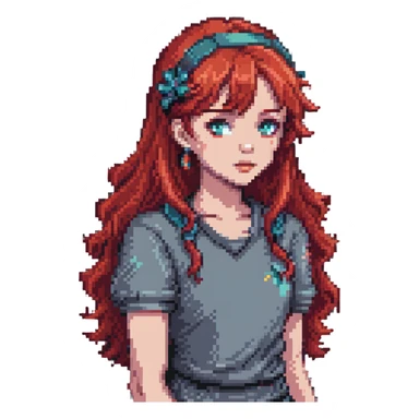 Y2K girl with red hair, pixel art style sticker