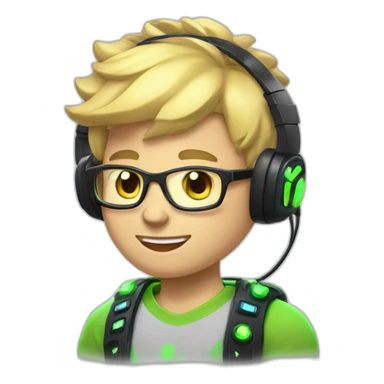 Blonde Short hair Gamer guy with headset and gamepad in hands with neon Lighting sticker