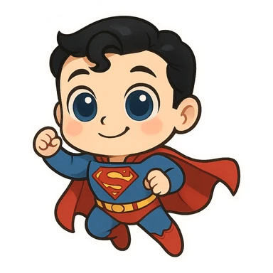 Superman with exaggerated large eyes, cartoon style, playful, whimsical sticker