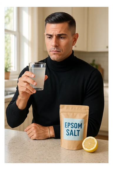A realistic, bright photo-style image of a young man in his 30s standing in his kitchen, holding a clear glass filled with water in which Epsom salt (magnesium sulfate) has been dissolved. He looks focused but slightly uncertain as he prepares to drink it for a liver flush or digestive cleanse. The glass shows slight cloudiness from the dissolved salt. On the counter are a packet labeled 'Epsom Salt' and a sliced lemon, suggesting he might use it to mask the taste. The setting is clean, natural, and bright with neutral tones. The background shows sunlight streaming through a window, emphasizing a clean, minimalist health-focused environment. The mood conveys a realistic, calm moment of self-care with a hint of discomfort, illustrating a natural detox practice in italiano sticker