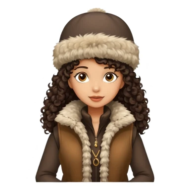 "A girl with curly dark hair 👩🏻‍🦱, wearing a fur hat 👒🦊 and a fur vest 🧥, standing in the snow ❄️ with pine trees 🌲 in the background, holding a Bashkir dombyra 🎶. Emoji style." sticker