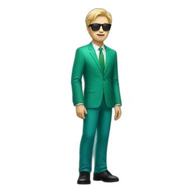 white guy in gradient green blue suit with blonde hair and black sunglasses standing with black shoes sticker