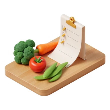 "3D isometric illustration of a wooden cutting board with fresh vegetables (carrot, broccoli, tomato, peas), a paper grocery list with checkboxes, soft lighting, realistic textures, floating shadows, minimalistic style, dark background, modern food planning app aesthetic sticker