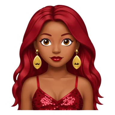 LaTavia Robeson with dark red long hair, red sequin crop top, red earring sticker