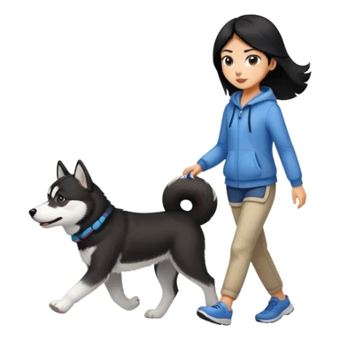 A black-haired girl walks a black and white husky sticker