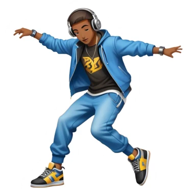 Icon for Street Dance: a dancer in urban streetwear performing a dynamic breakdance move, with a spray-painted background, headphones, and a boombox on the asphalt. The icon should capture the energy, style, and creativity of street dance culture. Transparent background. sticker