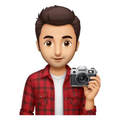 generate a pretty bratz emoji 
Make her look like Ranbir kapoor wearing a red flannel shirt,with white tee underneath. smirking and carrying a camera

he should look exactly  like ranbir kapoor!  sticker