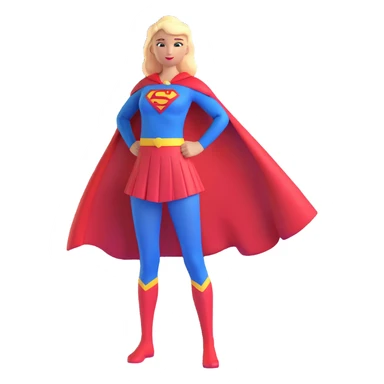 Supergirl superhero full body, blue tights costume with red skirt, red cape and S emblem sticker