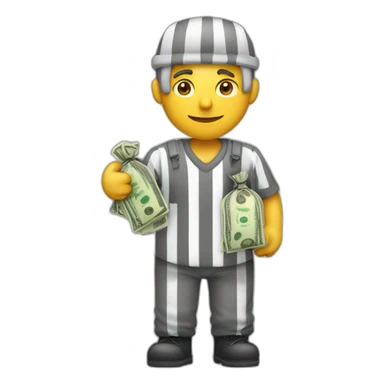 A prisoner with a bag of money with $ written on it sticker