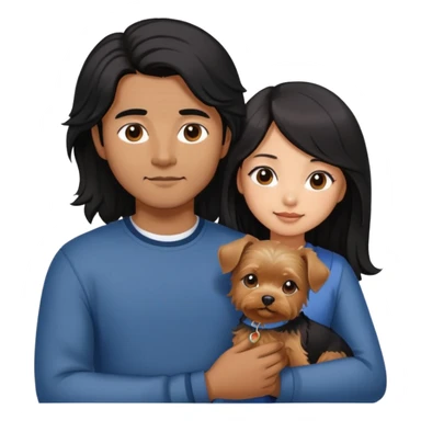 A couple holding holding a small Yorkshire Terrier together. The girl is an Asian girl with long, luscious wavy black hair (loose, no hair tie). She is standing beside a brown-skinned man with a short middle part haircut.  sticker