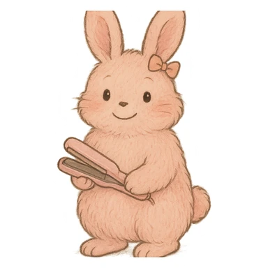 full-body soft pink fluffy bunny, hair straightener design, tiny bow, gentle happy face sticker