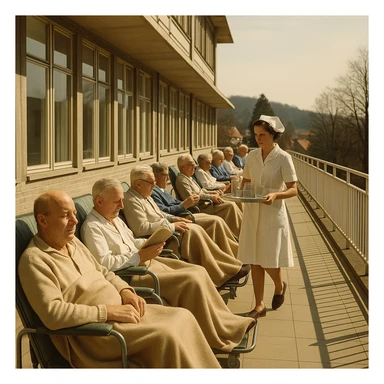 1960s hospital terrace with patients covered with blankets on their legs sunbathing, some reading or chatting, nurse distributing water, serene and therapeutic atmosphere, realistic details, warm sunlight, 4K quality sticker