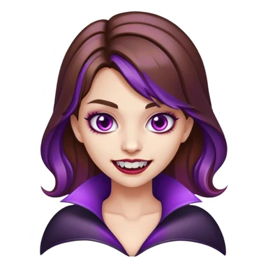 a girl with vampire teeth and brown hair with a little bit of purple  sticker