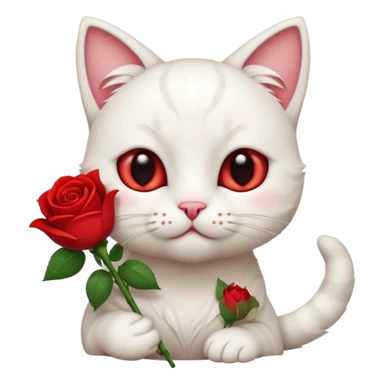 Cute emoji-style white cat holding a red rose in its mouth, big round eyes with visible white sclera, smaller pupils, soft warm brown irises, fluffy fur, clean mascot style, gentle cute expression, centered, transparent background, 1:1 ratio. sticker
