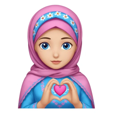 Turkish beautiful finish Konya girl blue eyes with mini floral hijab and lila blue pink dress and she make heart with hands sticker