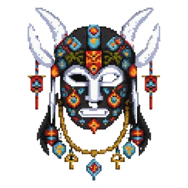 sackface character with elaborate ritual symbols stitched into mask sticker