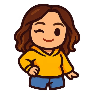 Sticker style chibi emote of the woman from the reference images, wearing a yellow hoodie and jeans, winking, no headband, no sparkles, no wand, transparent background. sticker