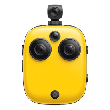 Insta360 camera emoji, back view, yellow body with black details, minimal sticker