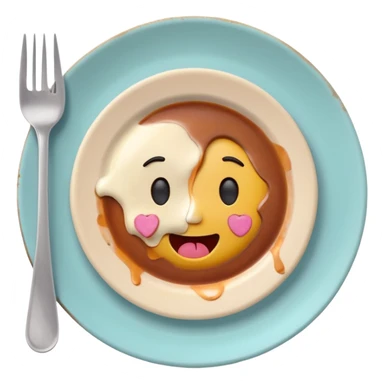 Cute 3D emoji of a dirty plate after eating, leftover food scraps, sauce stains on the plate, small fork and spoon resting on the plate, slightly messy but funny, soft pastel colors, rounded shape, clean background, kawaii style, expressive and playful, high quality, emoji style sticker