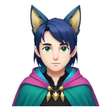 anime man with straight long dark-blue-black-gradient hair, long black fox ears with pink Scapha, hazel-gradient-brown-turquoise eyes, gold earring, dark-blue-sweater, green cape,  sticker
