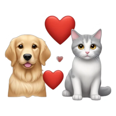 A Golden retriever, a white cat, and a gray cat in a red heart sticker