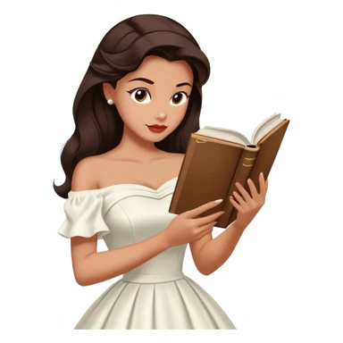 Beautiful woman in 1950’s woman fashion look, off-shoulder white dress, long dark brown hair, reading  sticker