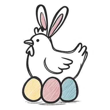 a white hen with pink bunny ears and colourful eggs, hand drawn black outline style sticker