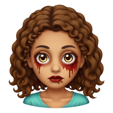 Create a zombie emoji inspired by a young woman with tanned skin, an oval face, large dark eyes, defined eyebrows, a small nose, and medium lips. Her hair should be long, curly, and brown.  sticker