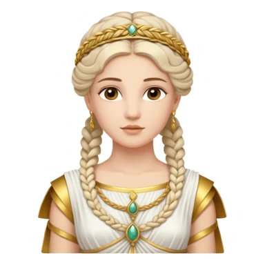 An emoji portrait of an ancient Roman princess. She wears a white stola dress with a gold-trimmed palla draped over her shoulders. She has an intricate braided hairstyle adorned with a delicate gold diadem. Her expression is calm and dignified. sticker