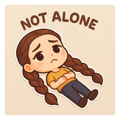 Create a chibi sticker of the girl from the reference image, lying on her back on the ground, looking sad, with a 'not alone' vibe, with long hair. sticker