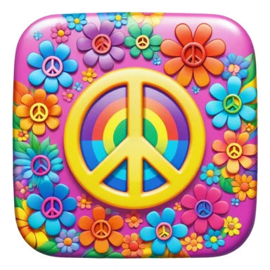 Beveled square shaped psychedelic colored button with rainbow colored hippie style 3D flowers and a peace sign in the center sticker